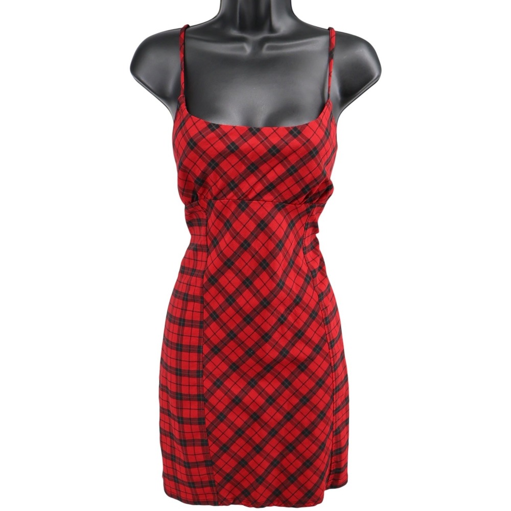 Red Plaid Tartan Strappy Mini Dress Bias Cut 90s Y2K Wild Fable Stretch Sz L EUC